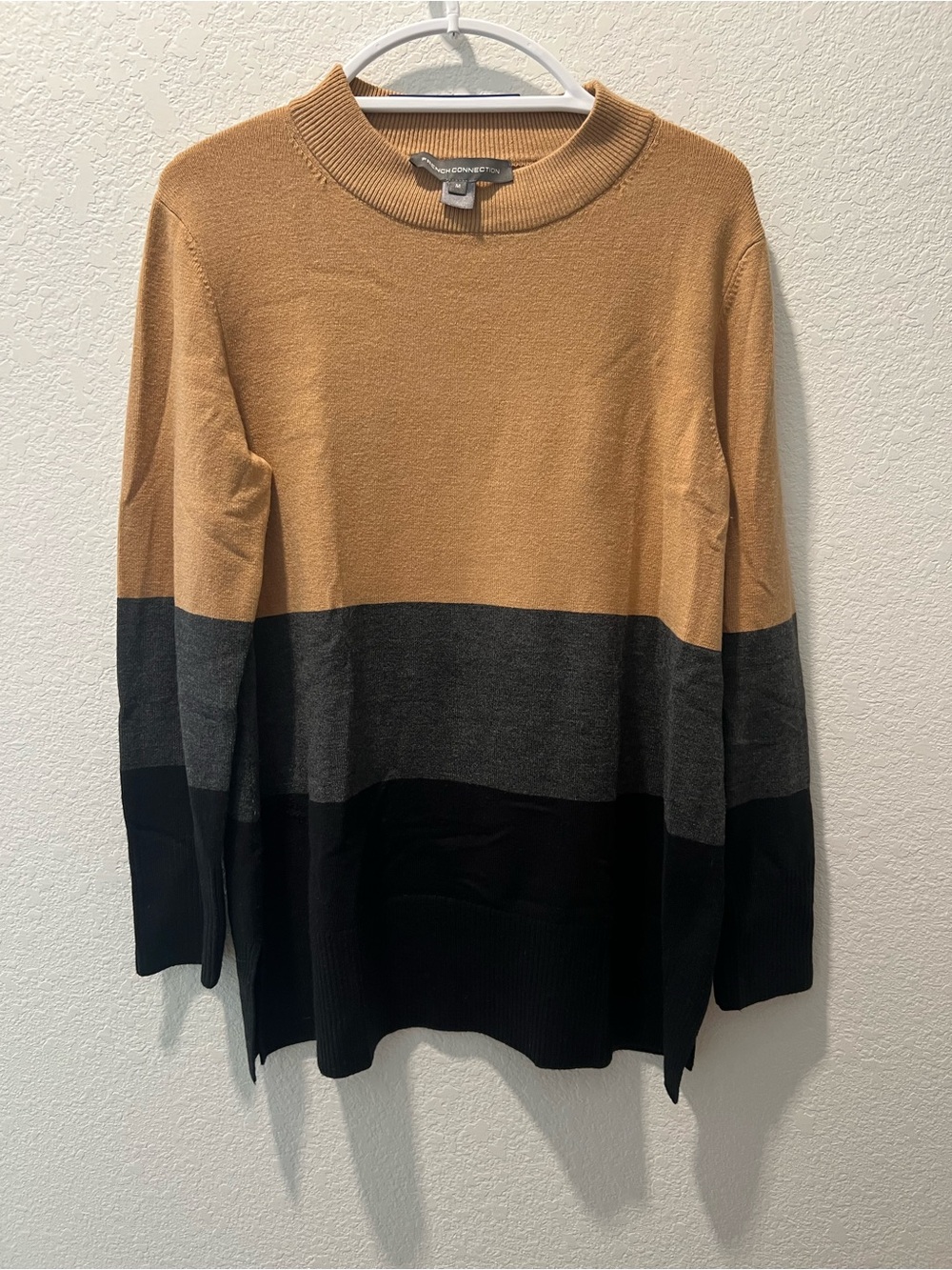 French Connection Colorblock Sweater M Camel Gray Black